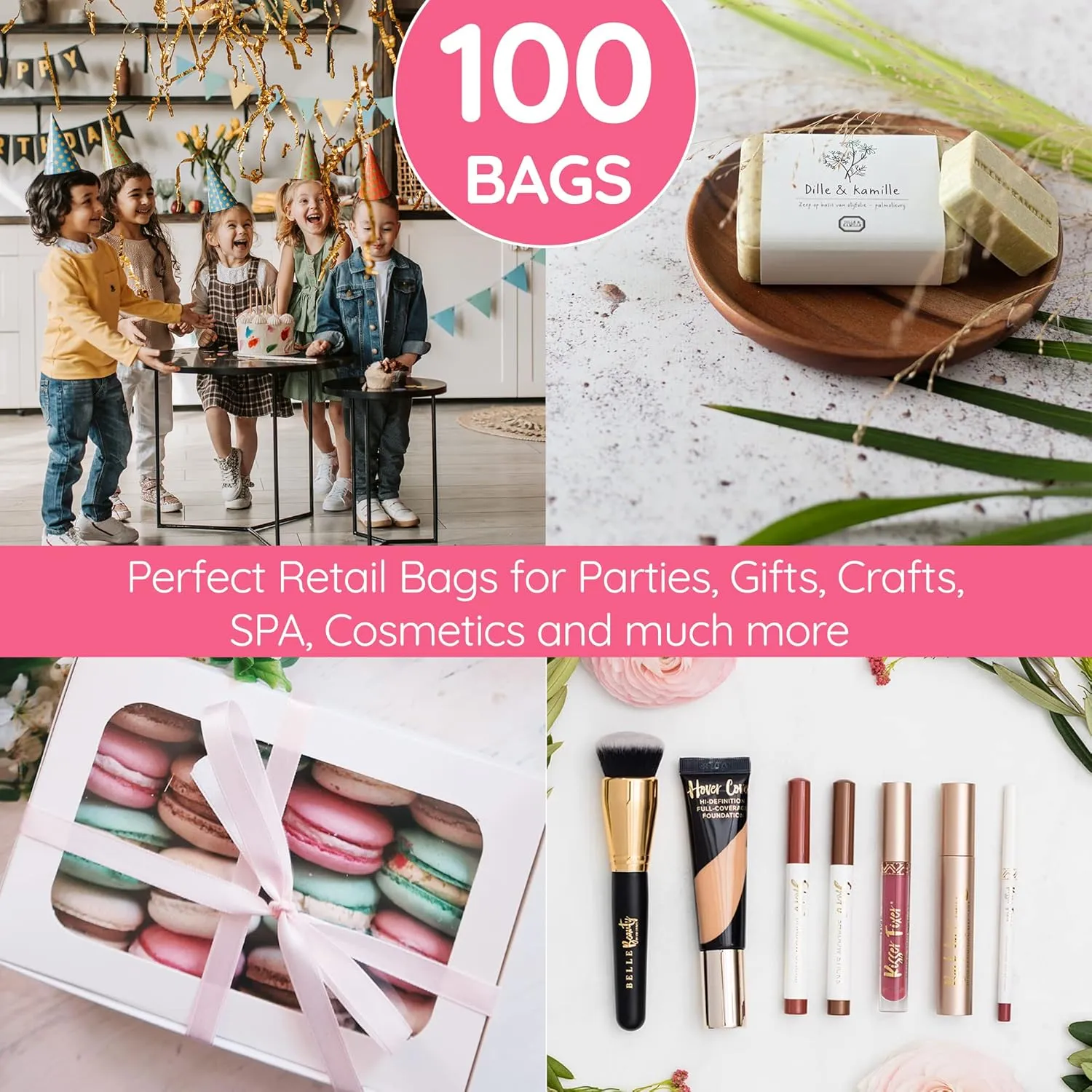 100 Pink Bags for Small Business 1.5Mil Thick 9"x12" Great For Merchandise Boutique Retail Glossy Pink Plastic Bags With Handles