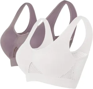 2 Pack Activewear Sports Bras for Women, Breathable Yoga Bra Seamless Mesh Hole Cropped Tank Bras for Running Workout