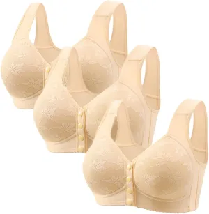 3 Pack Daisy Bras for Older Women Front Button Support and Lift Plus Size Bralettes Full Coverage Underwear