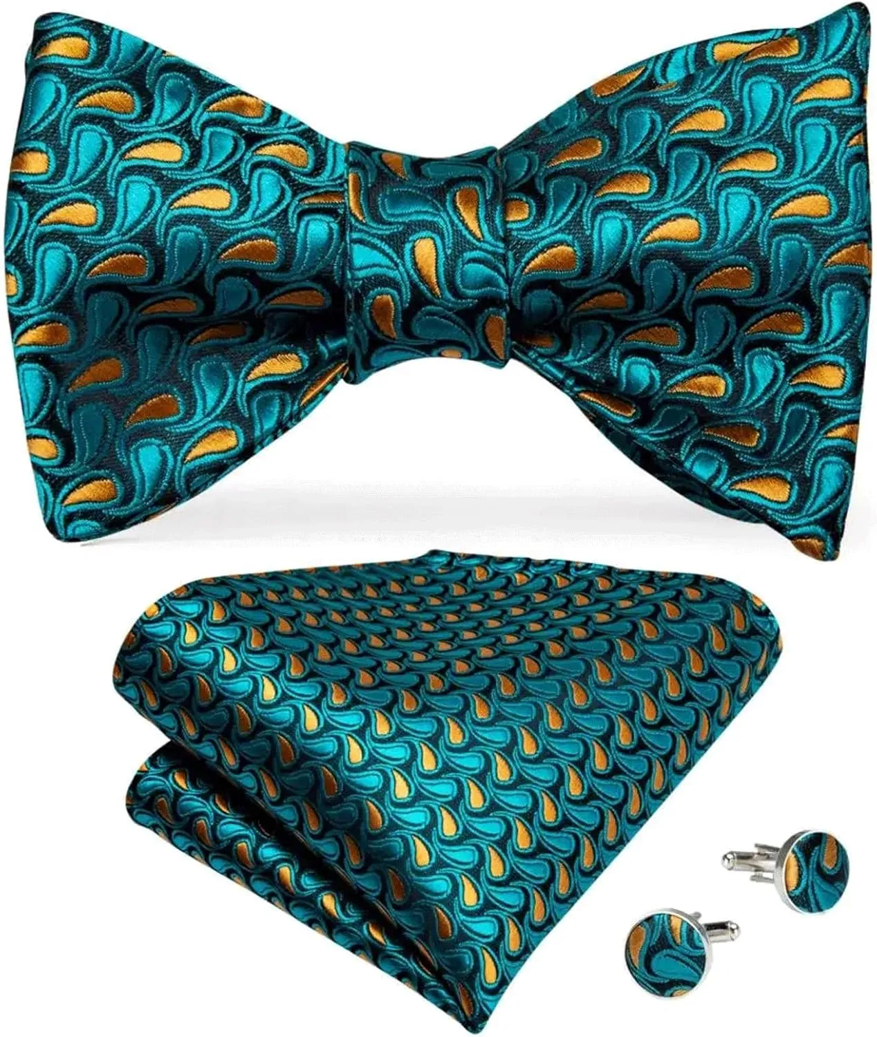 Adjustable Bowties Self Bow Tie Men's Silk Classic Wedding Party Bow Ties Hanky Cufflinks Set