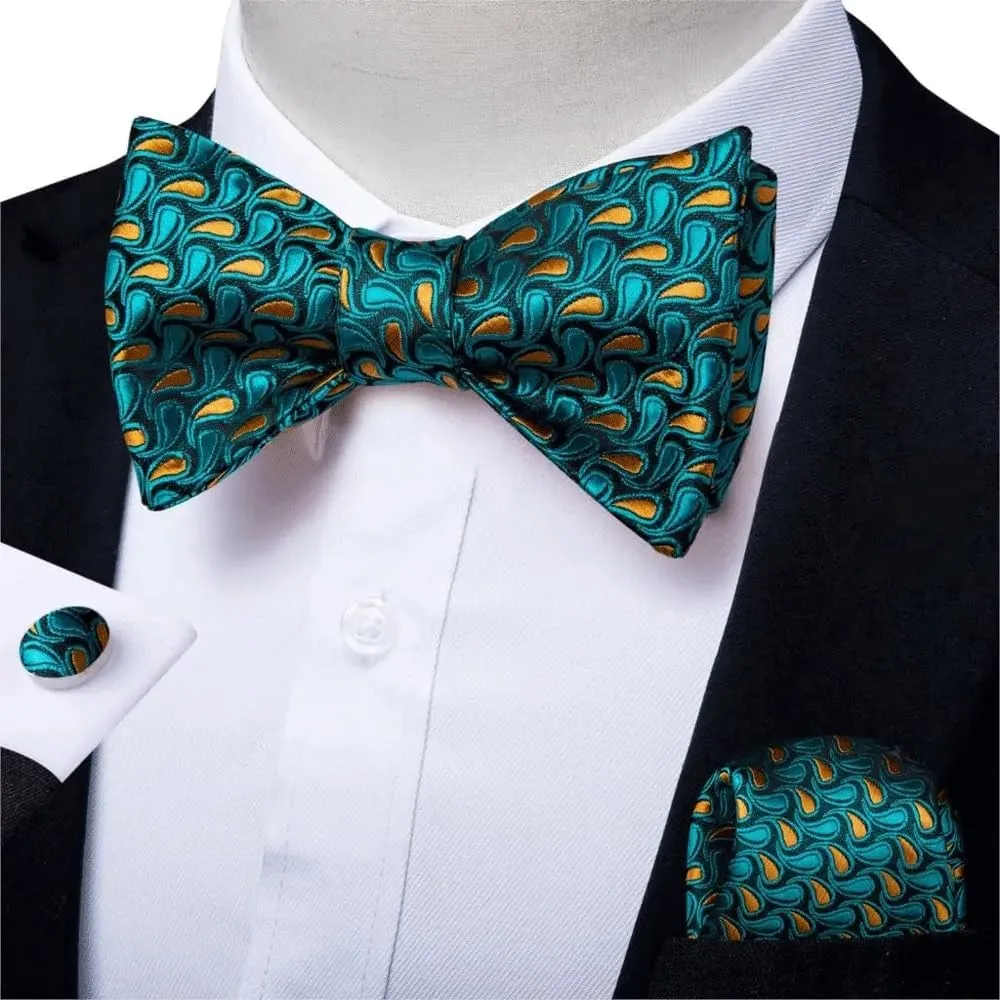 Adjustable Bowties Self Bow Tie Men's Silk Classic Wedding Party Bow Ties Hanky Cufflinks Set