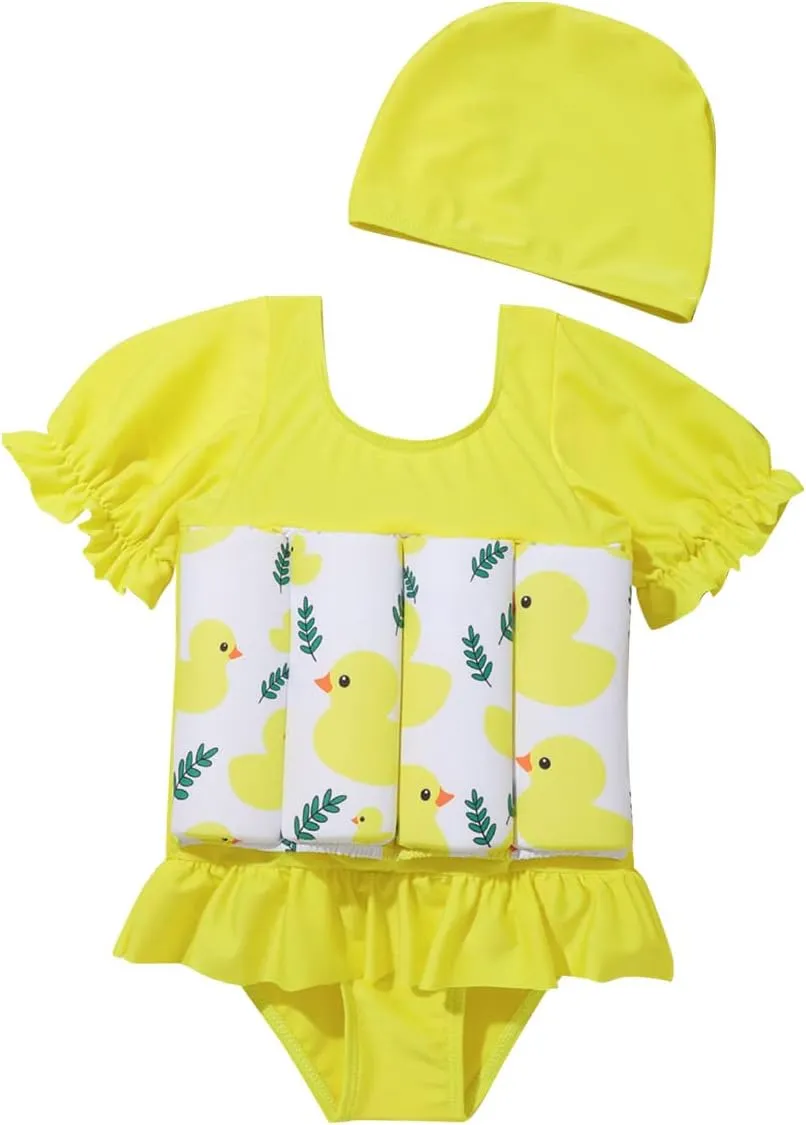 AFAVOM Toddler Girl Floatation Swimsuit with 8 Adjustable Buoyancy Baby Float Suit Floating Swimwear Bathing Suit with Cap