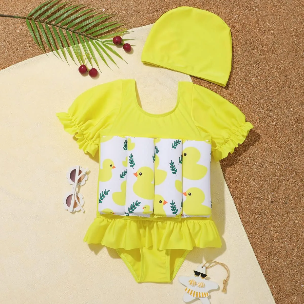AFAVOM Toddler Girl Floatation Swimsuit with 8 Adjustable Buoyancy Baby Float Suit Floating Swimwear Bathing Suit with Cap