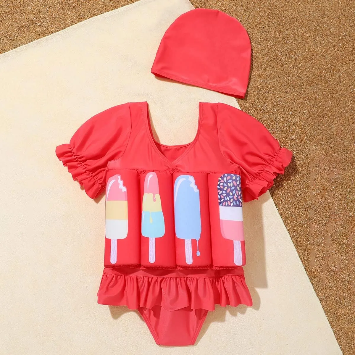 AFAVOM Toddler Girl Floatation Swimsuit with 8 Adjustable Buoyancy Baby Float Suit Floating Swimwear Bathing Suit with Cap