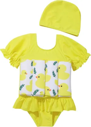 AFAVOM Toddler Girl Floatation Swimsuit with 8 Adjustable Buoyancy Baby Float Suit Floating Swimwear Bathing Suit with Cap