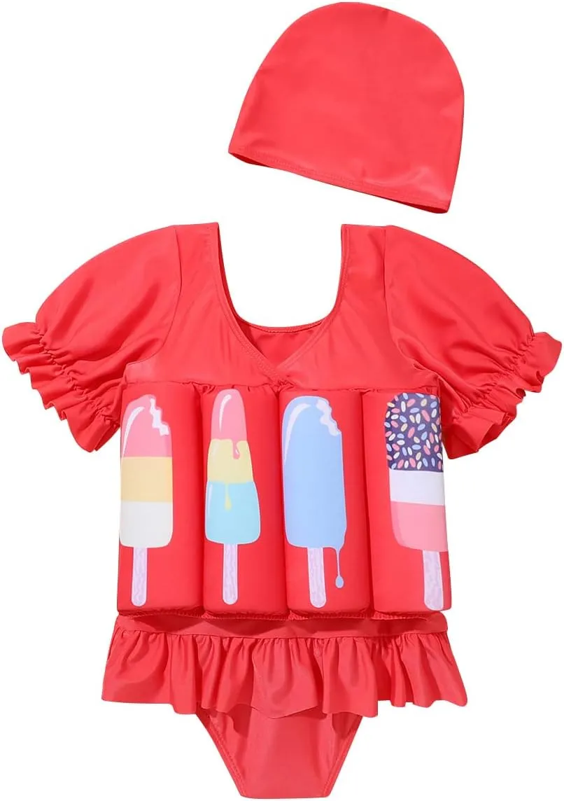 AFAVOM Toddler Girl Floatation Swimsuit with 8 Adjustable Buoyancy Baby Float Suit Floating Swimwear Bathing Suit with Cap