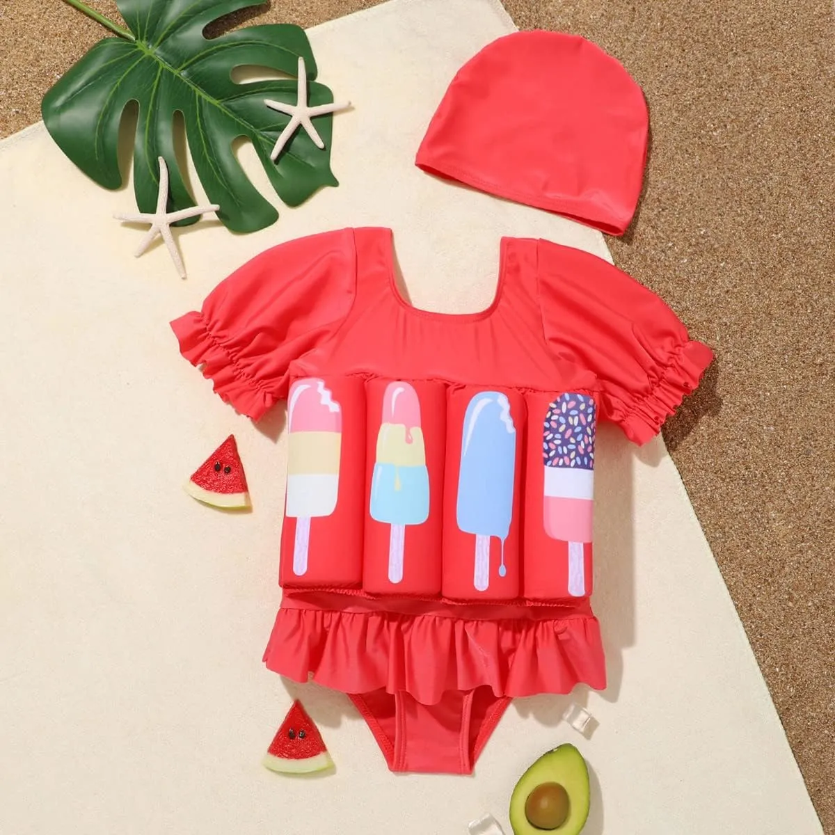 AFAVOM Toddler Girl Floatation Swimsuit with 8 Adjustable Buoyancy Baby Float Suit Floating Swimwear Bathing Suit with Cap