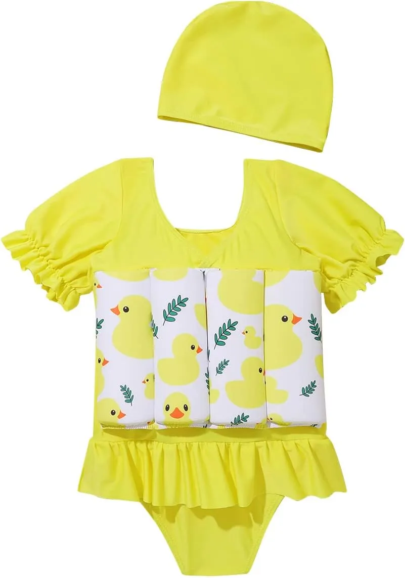 AFAVOM Toddler Girl Floatation Swimsuit with 8 Adjustable Buoyancy Baby Float Suit Floating Swimwear Bathing Suit with Cap