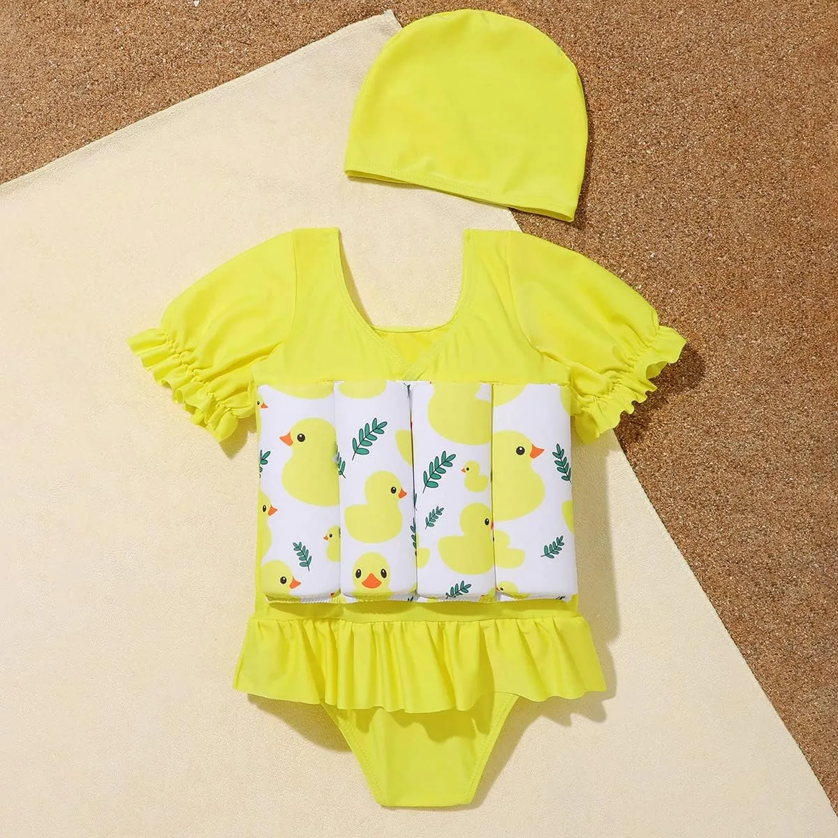 AFAVOM Toddler Girl Floatation Swimsuit with 8 Adjustable Buoyancy Baby Float Suit Floating Swimwear Bathing Suit with Cap