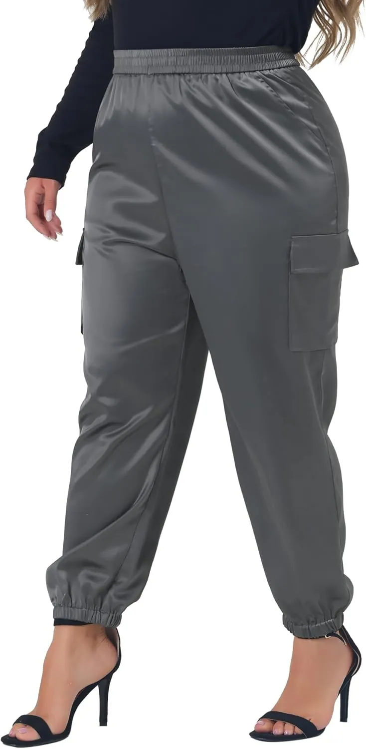 Agnes Orinda Plus Size Satin Joggers for Women Elastic Waist Athleisure Ankle Length Cargo Pants with Pocket