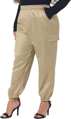 Agnes Orinda Plus Size Satin Joggers for Women Elastic Waist Athleisure Ankle Length Cargo Pants with Pocket