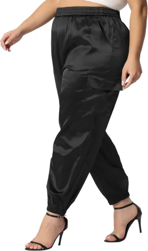 Agnes Orinda Plus Size Satin Joggers for Women Elastic Waist Athleisure Ankle Length Cargo Pants with Pocket