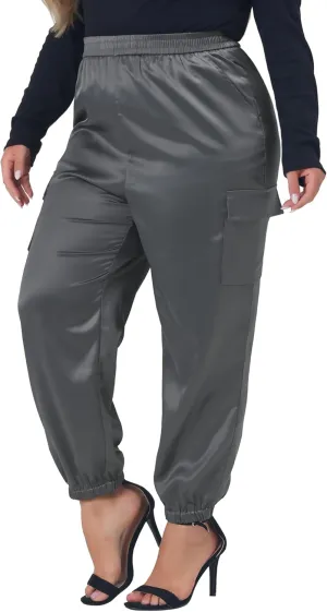 Agnes Orinda Plus Size Satin Joggers for Women Elastic Waist Athleisure Ankle Length Cargo Pants with Pocket