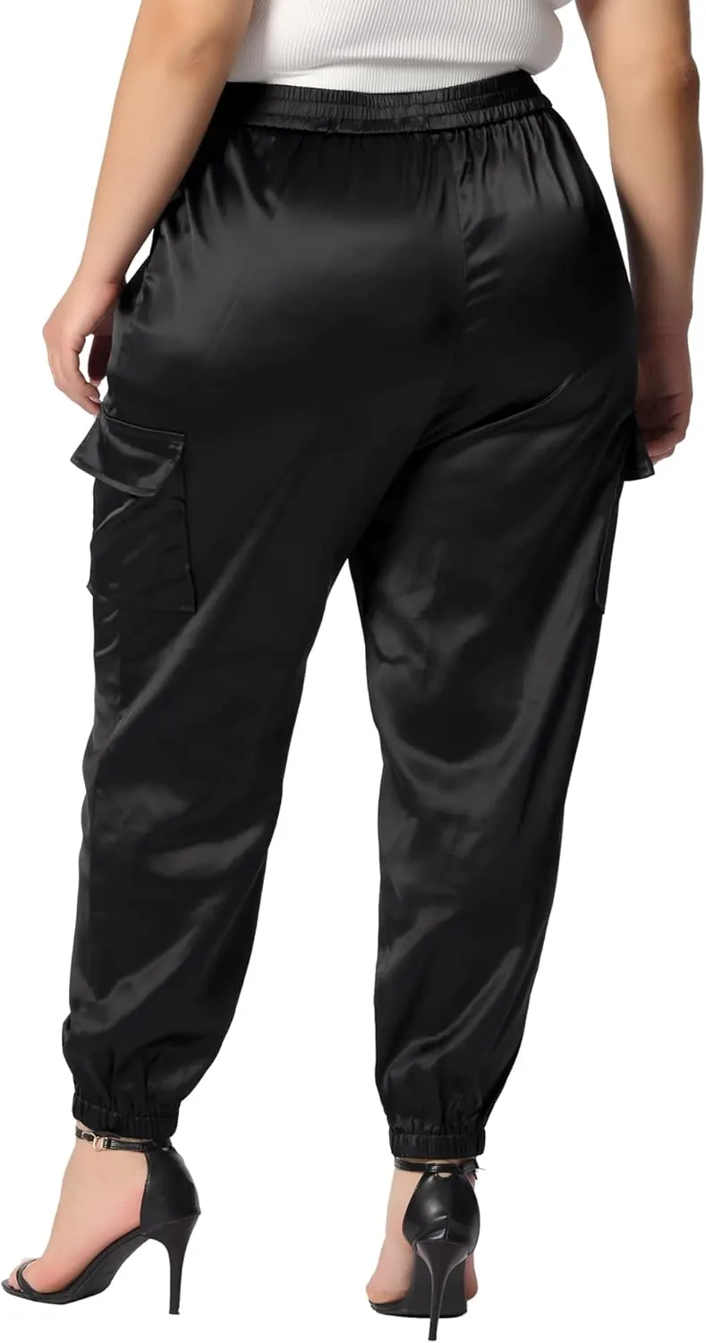 Agnes Orinda Plus Size Satin Joggers for Women Elastic Waist Athleisure Ankle Length Cargo Pants with Pocket