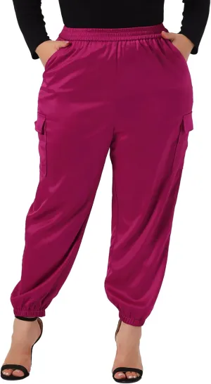 Agnes Orinda Plus Size Satin Joggers for Women Elastic Waist Athleisure Ankle Length Cargo Pants with Pocket