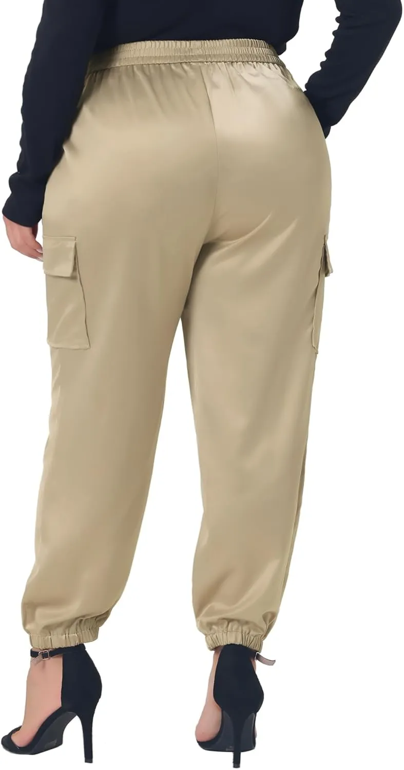 Agnes Orinda Plus Size Satin Joggers for Women Elastic Waist Athleisure Ankle Length Cargo Pants with Pocket