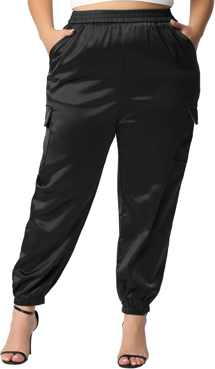 Agnes Orinda Plus Size Satin Joggers for Women Elastic Waist Athleisure Ankle Length Cargo Pants with Pocket