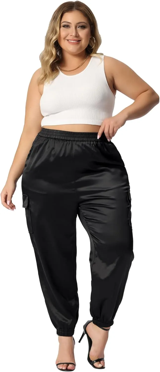 Agnes Orinda Plus Size Satin Joggers for Women Elastic Waist Athleisure Ankle Length Cargo Pants with Pocket