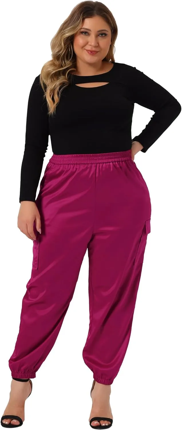 Agnes Orinda Plus Size Satin Joggers for Women Elastic Waist Athleisure Ankle Length Cargo Pants with Pocket