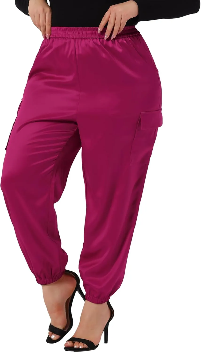 Agnes Orinda Plus Size Satin Joggers for Women Elastic Waist Athleisure Ankle Length Cargo Pants with Pocket