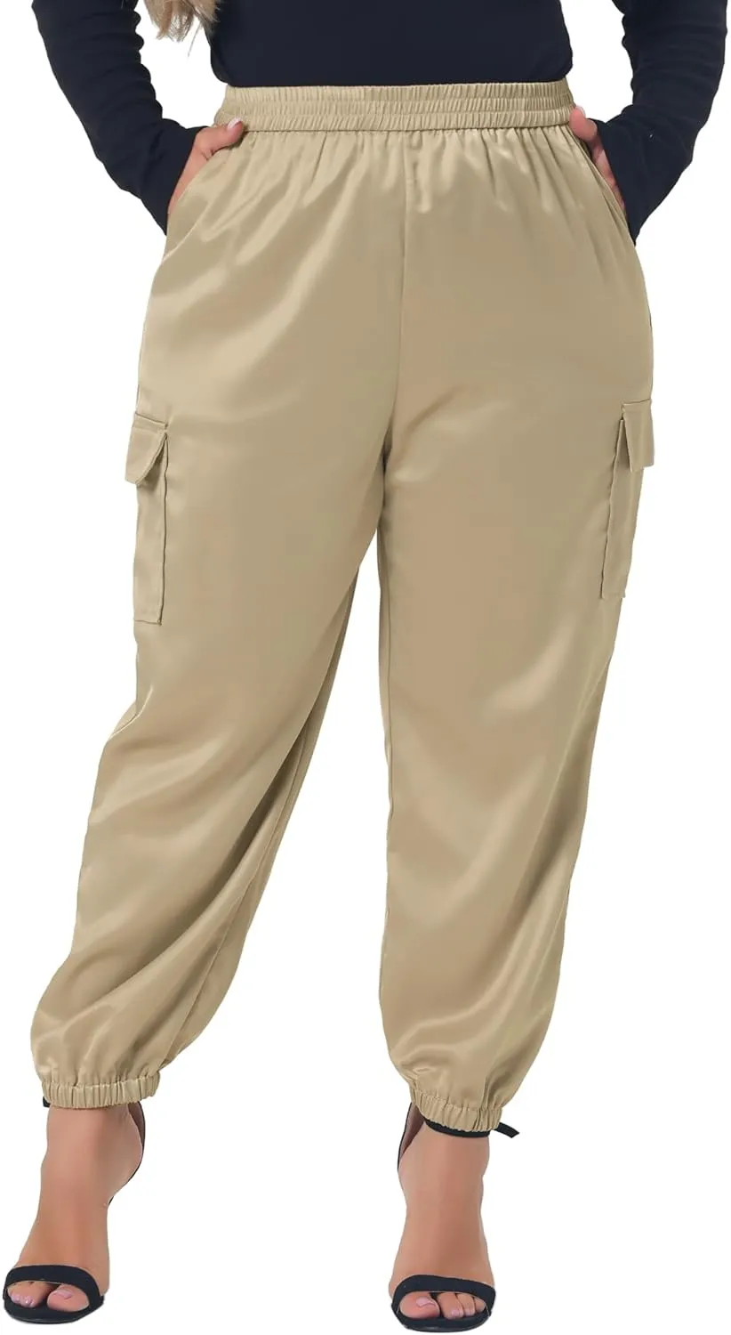 Agnes Orinda Plus Size Satin Joggers for Women Elastic Waist Athleisure Ankle Length Cargo Pants with Pocket