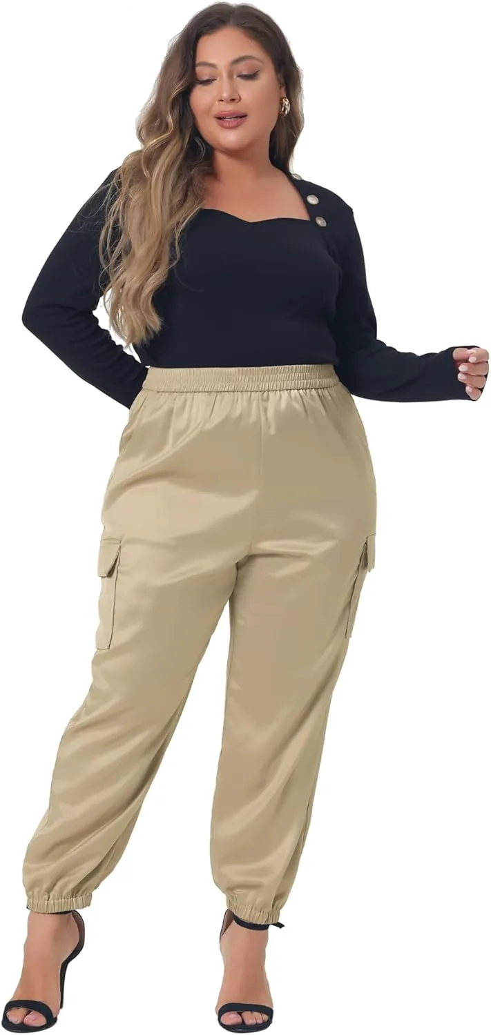 Agnes Orinda Plus Size Satin Joggers for Women Elastic Waist Athleisure Ankle Length Cargo Pants with Pocket