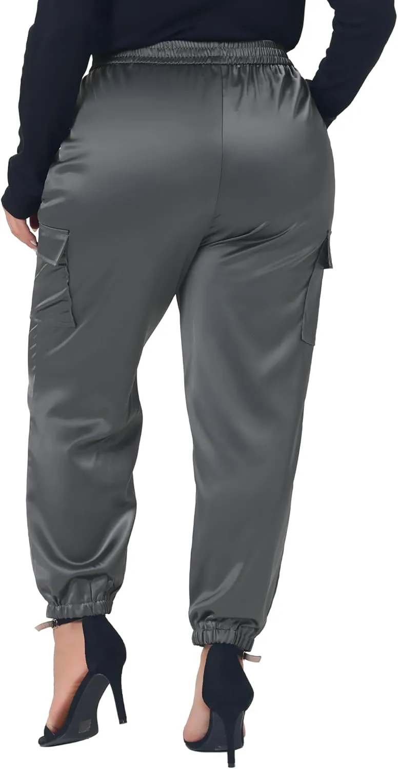 Agnes Orinda Plus Size Satin Joggers for Women Elastic Waist Athleisure Ankle Length Cargo Pants with Pocket
