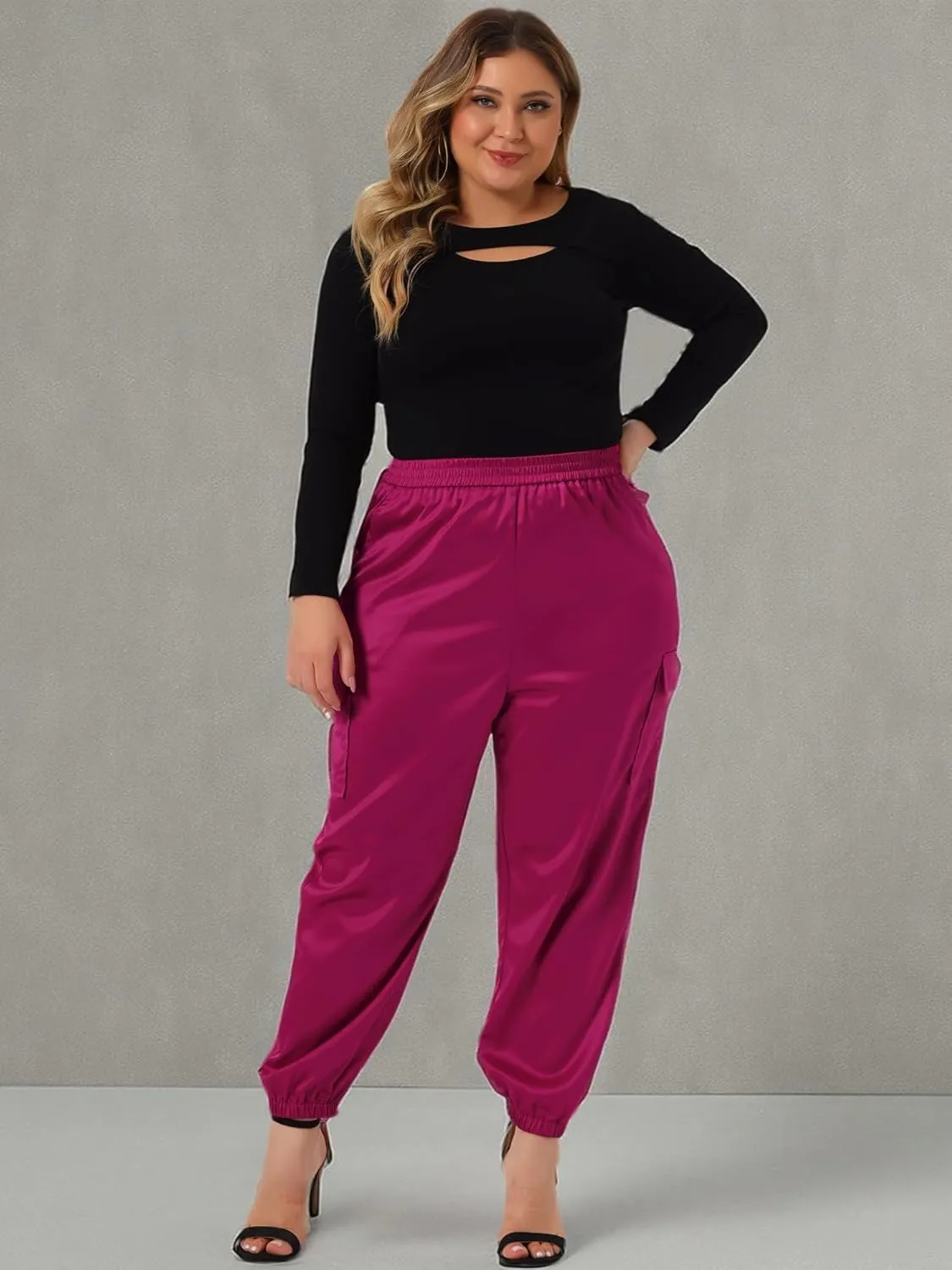 Agnes Orinda Plus Size Satin Joggers for Women Elastic Waist Athleisure Ankle Length Cargo Pants with Pocket