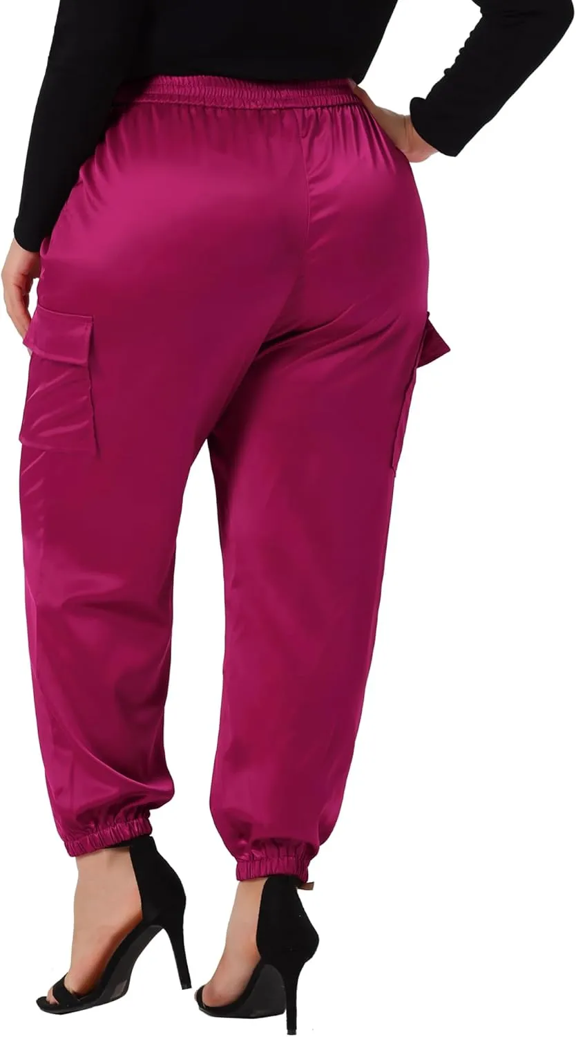 Agnes Orinda Plus Size Satin Joggers for Women Elastic Waist Athleisure Ankle Length Cargo Pants with Pocket