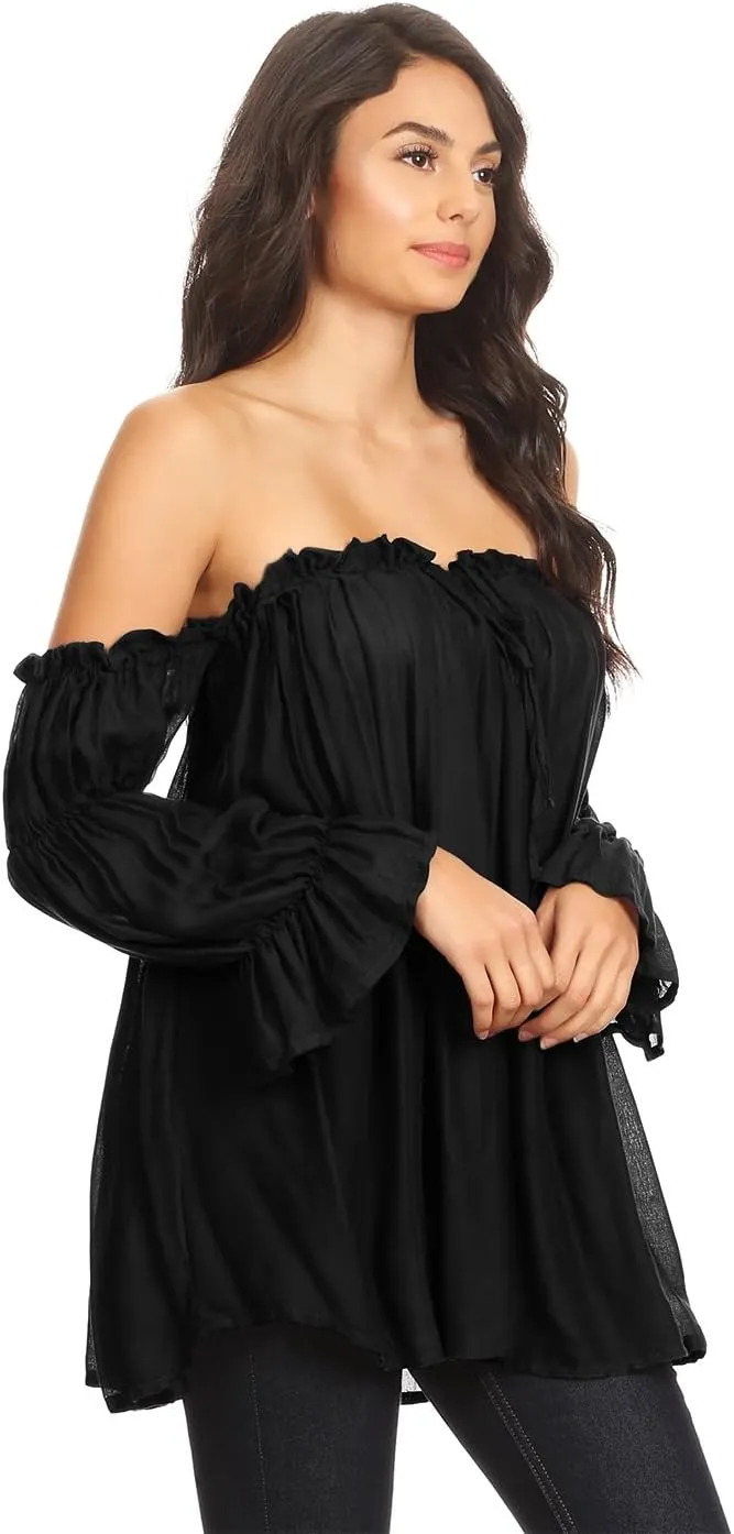 Anna-Kaci Womens Semi Sheer Boho Peasant Long Sleeve Off The Shoulder Top