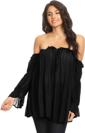 Anna-Kaci Womens Semi Sheer Boho Peasant Long Sleeve Off The Shoulder Top