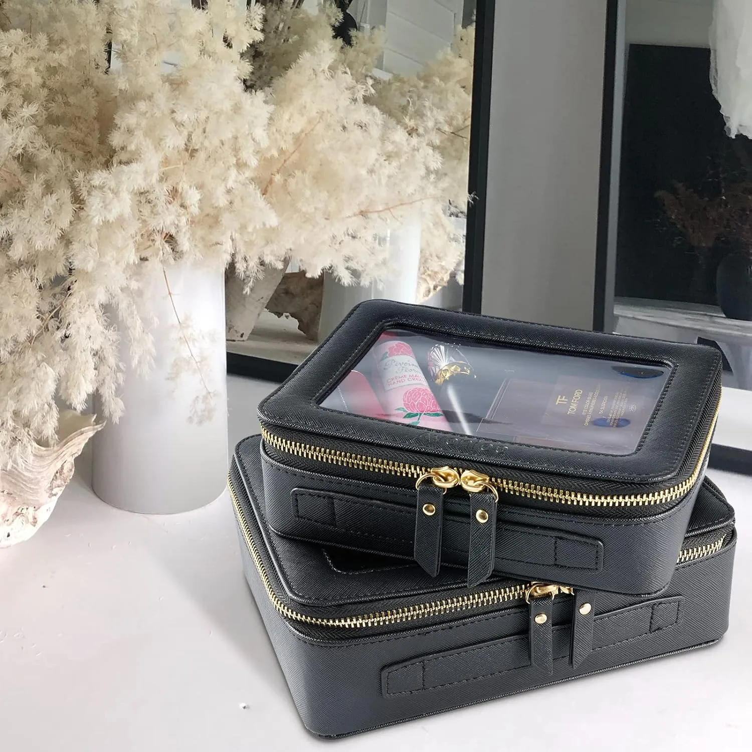 Aveniee Clear Makeup Bag, Portable Travel Toiletry Bag Cosmetic Case for Women, Vegan Leather Make Up Pouch Organizer Car Bag for Essentials 2pcs(Middle & Large) - Black