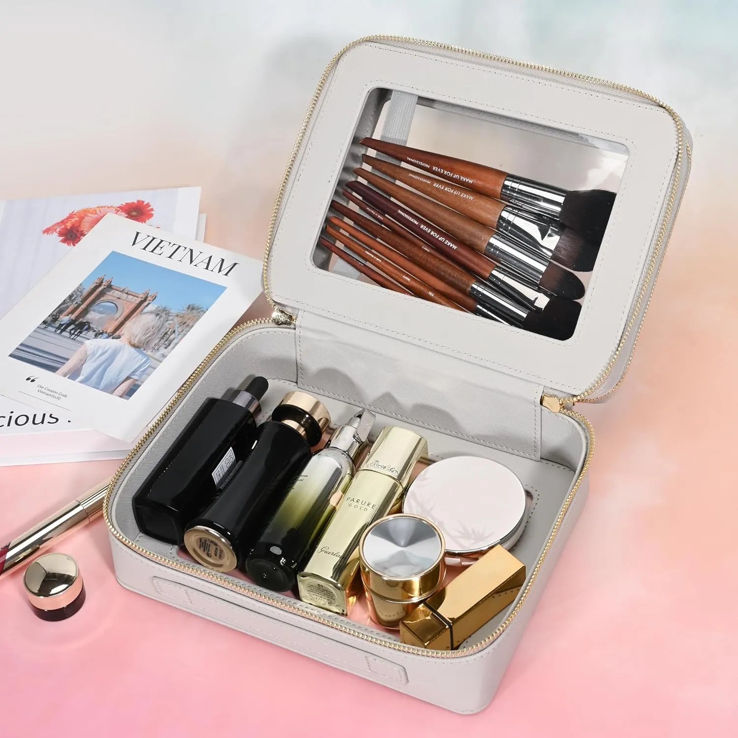 Aveniee Clear Makeup Bags, Double Layer Cosmetic Bags with a Separate Brush Compartment, Large Travel Toiletry Bag Skincare Train Case for Women, Travel Accessories Organizer(2 Layers Large, Grey)