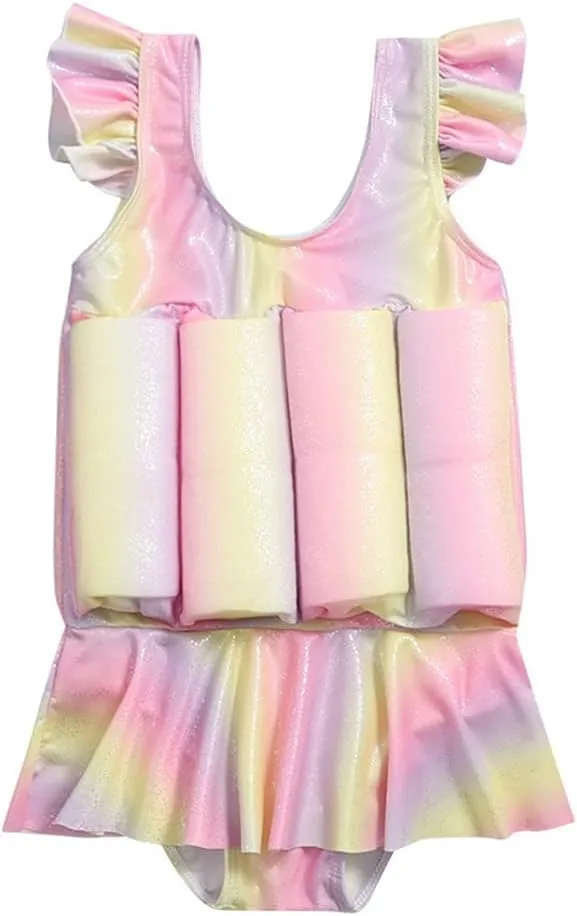 Baby Toddler Girls Float Swimwear Bathing Suit Ruffles with Bow-Knot Kids One Piece Swimsuit Beach Rash Guard,1-8Y