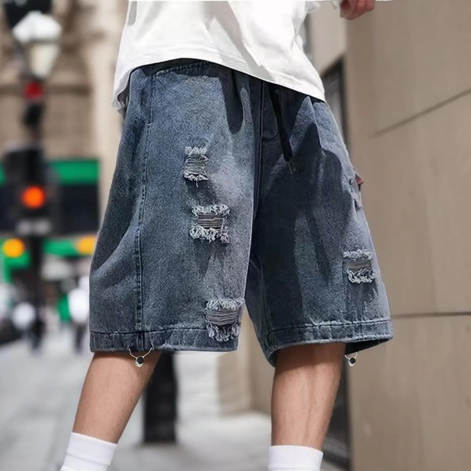 Baggy Jean Shorts for Men Summer Casual Loose Fit Y2K Hip Hop Mid Denim Shorts Streetwear with Pockets