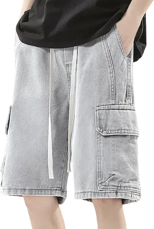 Baggy Jean Shorts for Men Summer Casual Loose Fit Y2K Hip Hop Mid Denim Shorts Streetwear with Pockets
