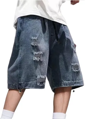 Baggy Jean Shorts for Men Summer Casual Loose Fit Y2K Hip Hop Mid Denim Shorts Streetwear with Pockets