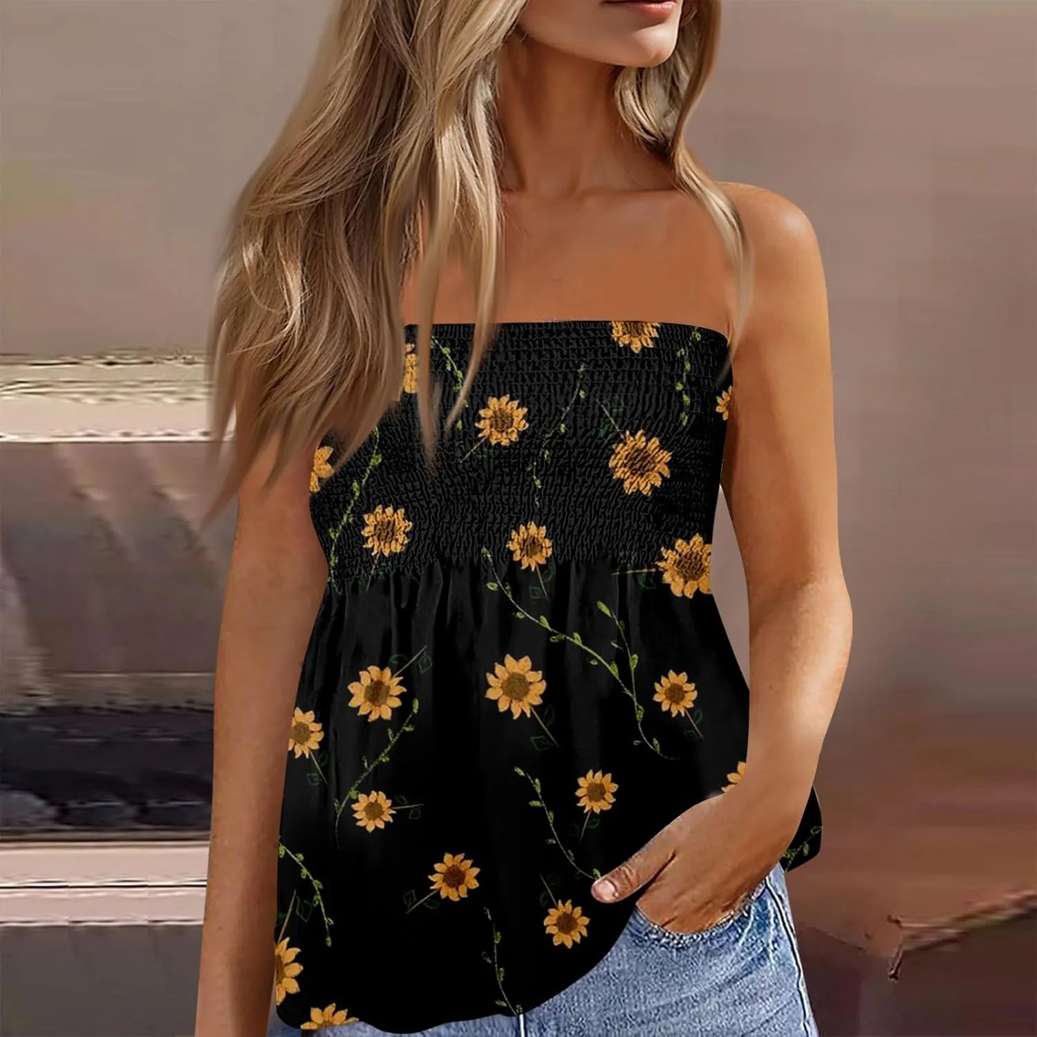 Bandeau Tops for Women Smocked Ruffled Sleeveless Bandeau Floral Print Strapless Tube Tops Business Casual Tanks