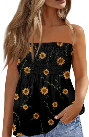 Bandeau Tops for Women Smocked Ruffled Sleeveless Bandeau Floral Print Strapless Tube Tops Business Casual Tanks