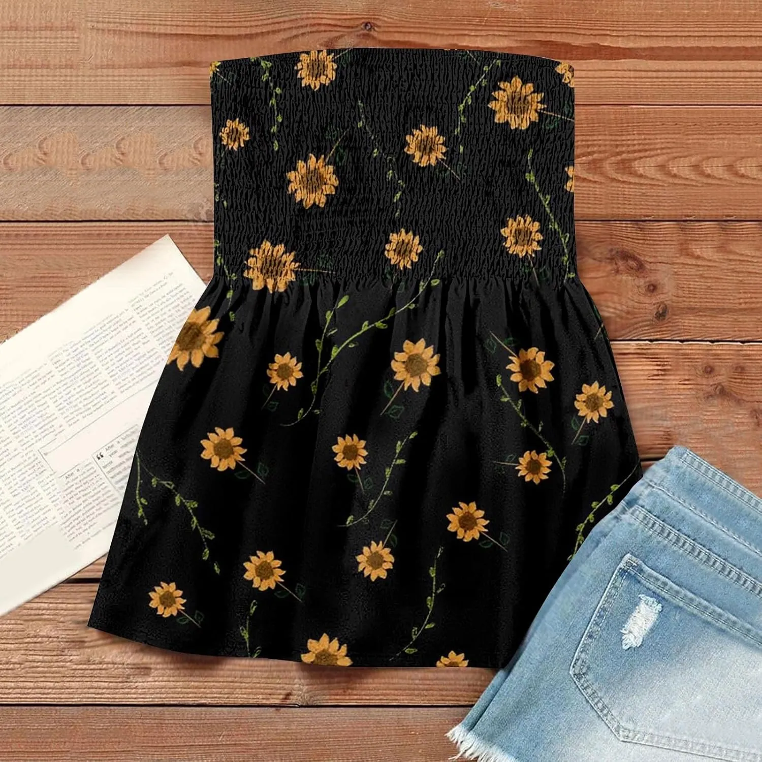 Bandeau Tops for Women Smocked Ruffled Sleeveless Bandeau Floral Print Strapless Tube Tops Business Casual Tanks