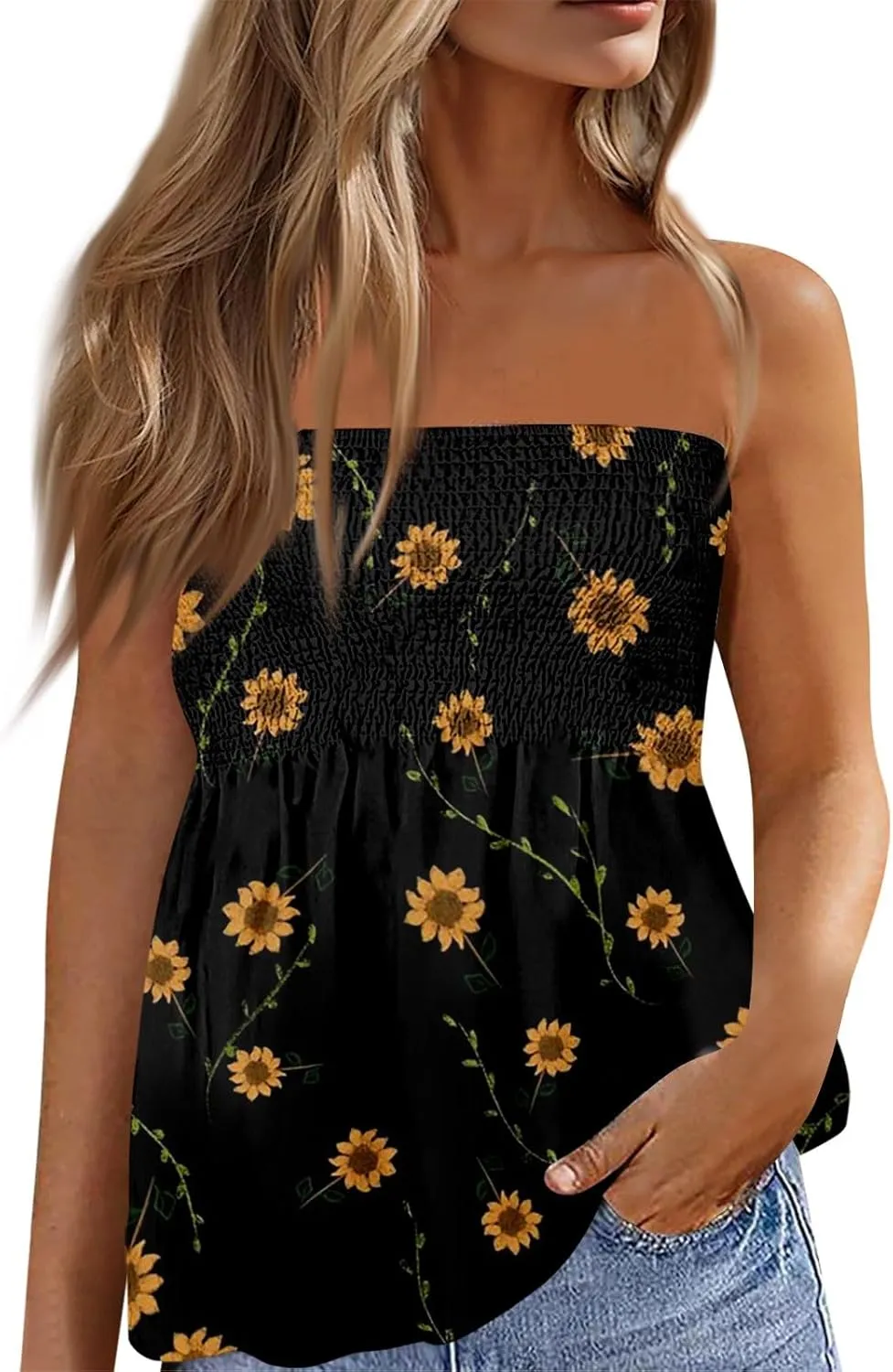 Bandeau Tops for Women Smocked Ruffled Sleeveless Bandeau Floral Print Strapless Tube Tops Business Casual Tanks