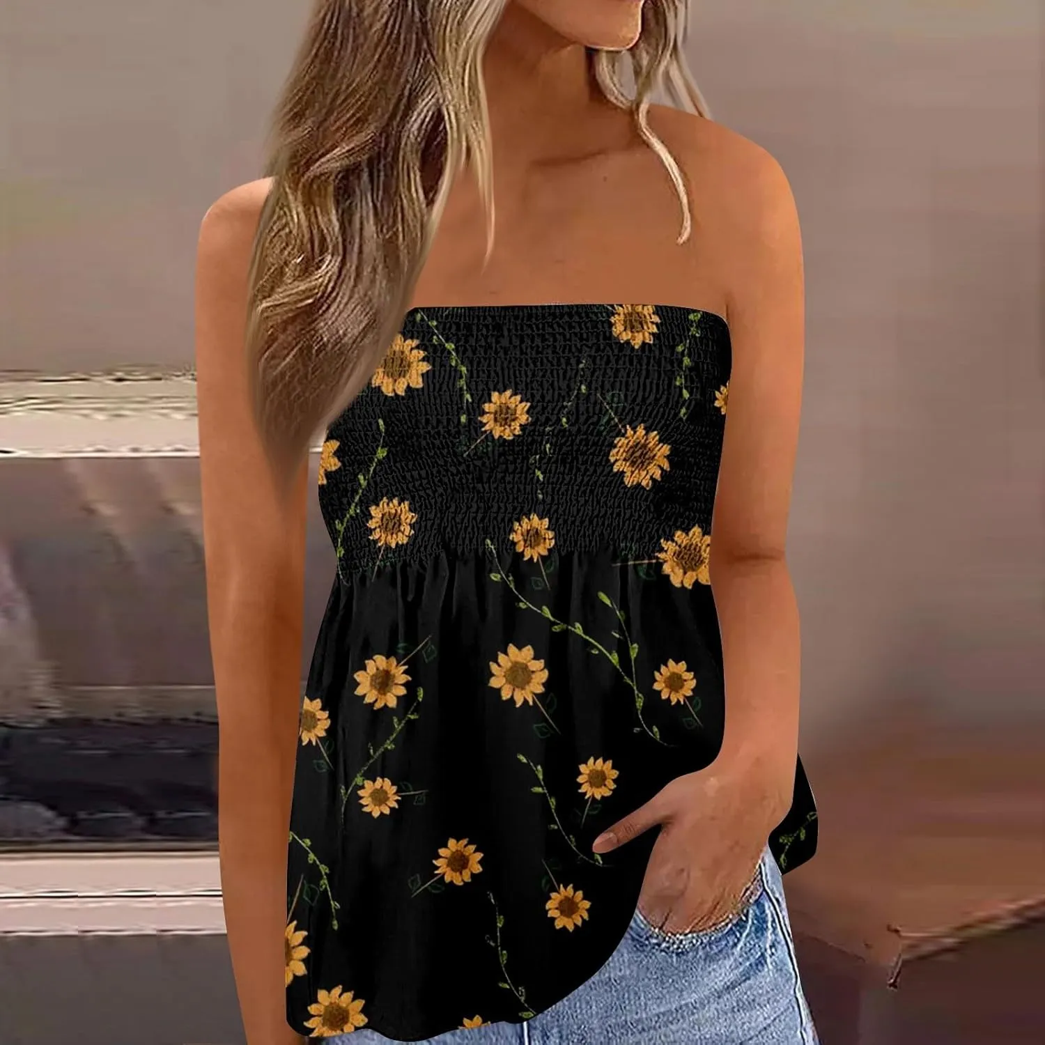 Bandeau Tops for Women Smocked Ruffled Sleeveless Bandeau Floral Print Strapless Tube Tops Business Casual Tanks