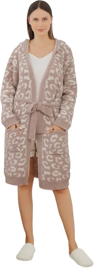 bearberry Hooded Robe Cozy Leopard Robe Lightweight Soft Plush Bathrobe with Pockets for Women