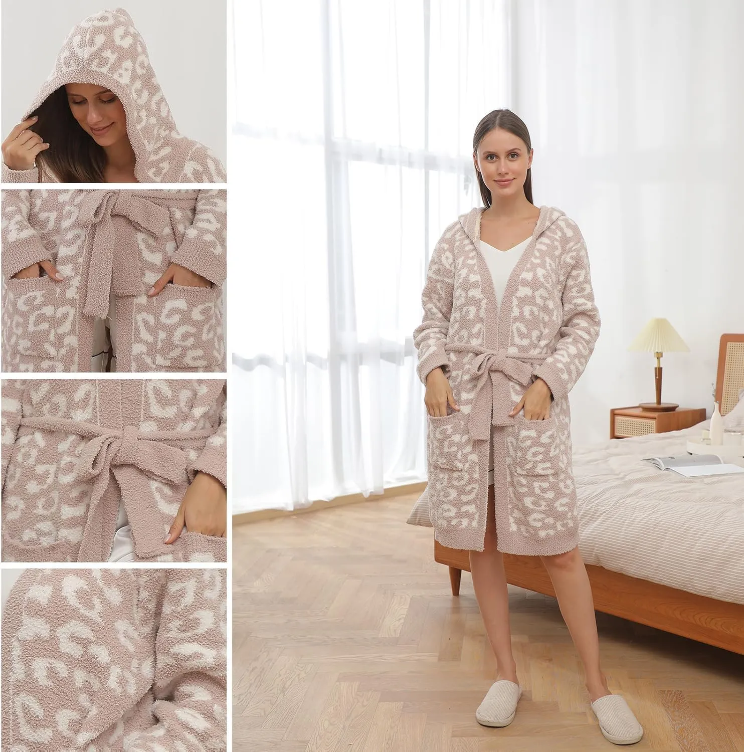 bearberry Hooded Robe Cozy Leopard Robe Lightweight Soft Plush Bathrobe with Pockets for Women