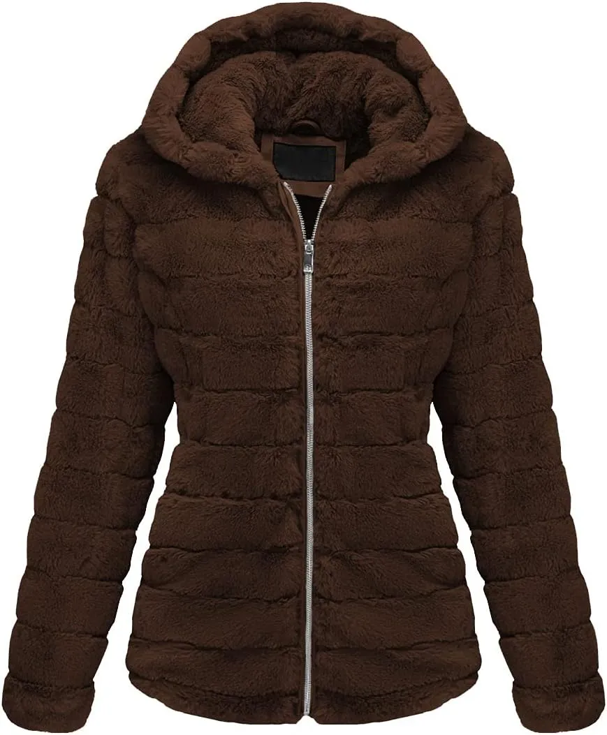 Bellivera Women's Faux Fur Coat Shearling Fluffy Fuzzy Shaggy Hood Sherpa-Lined Fleece Jacket