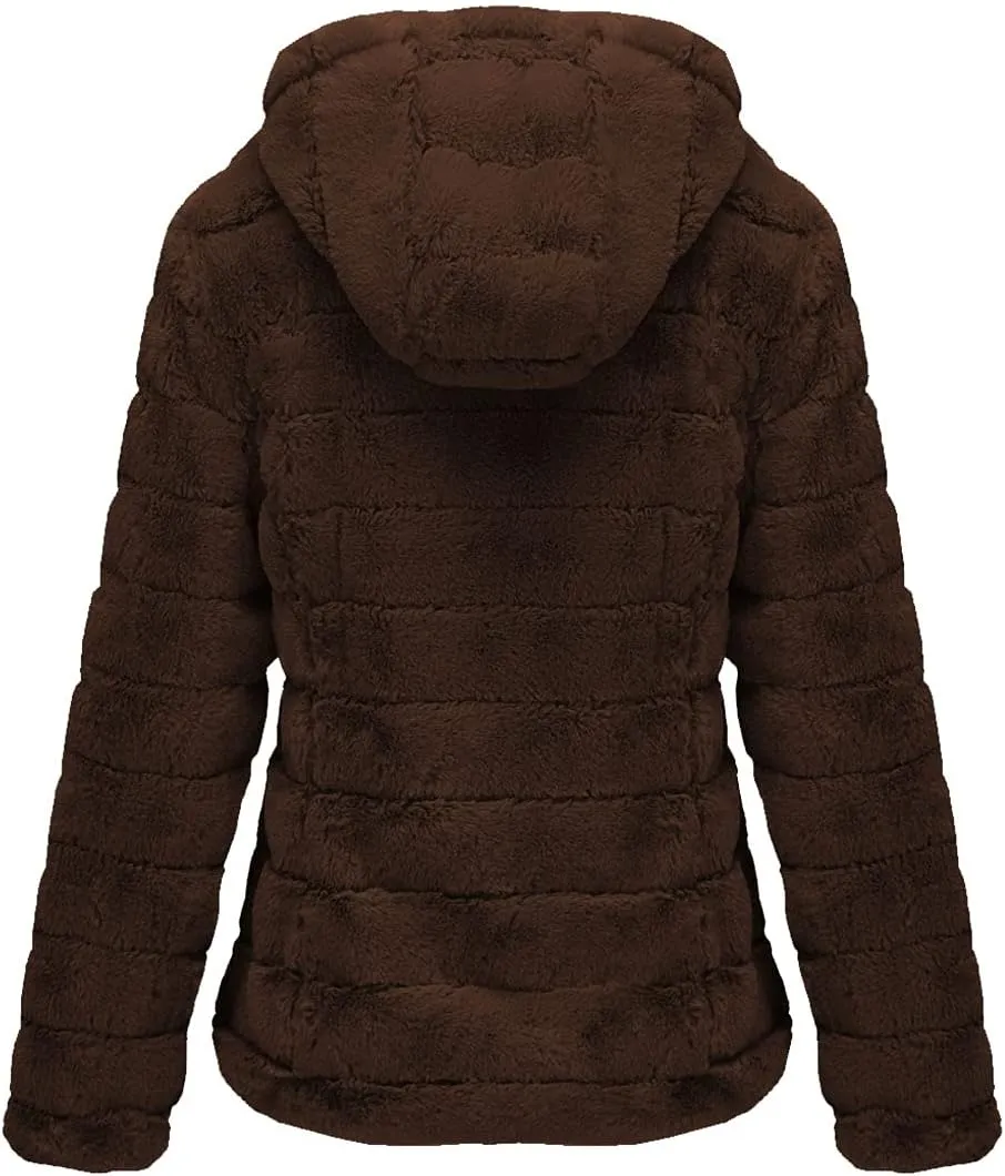 Bellivera Women's Faux Fur Coat Shearling Fluffy Fuzzy Shaggy Hood Sherpa-Lined Fleece Jacket