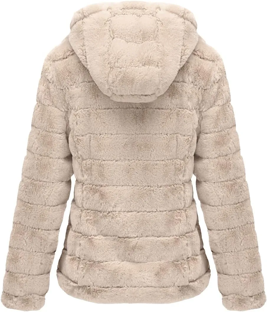 Bellivera Women's Faux Fur Coat Shearling Fluffy Fuzzy Shaggy Hood Sherpa-Lined Fleece Jacket