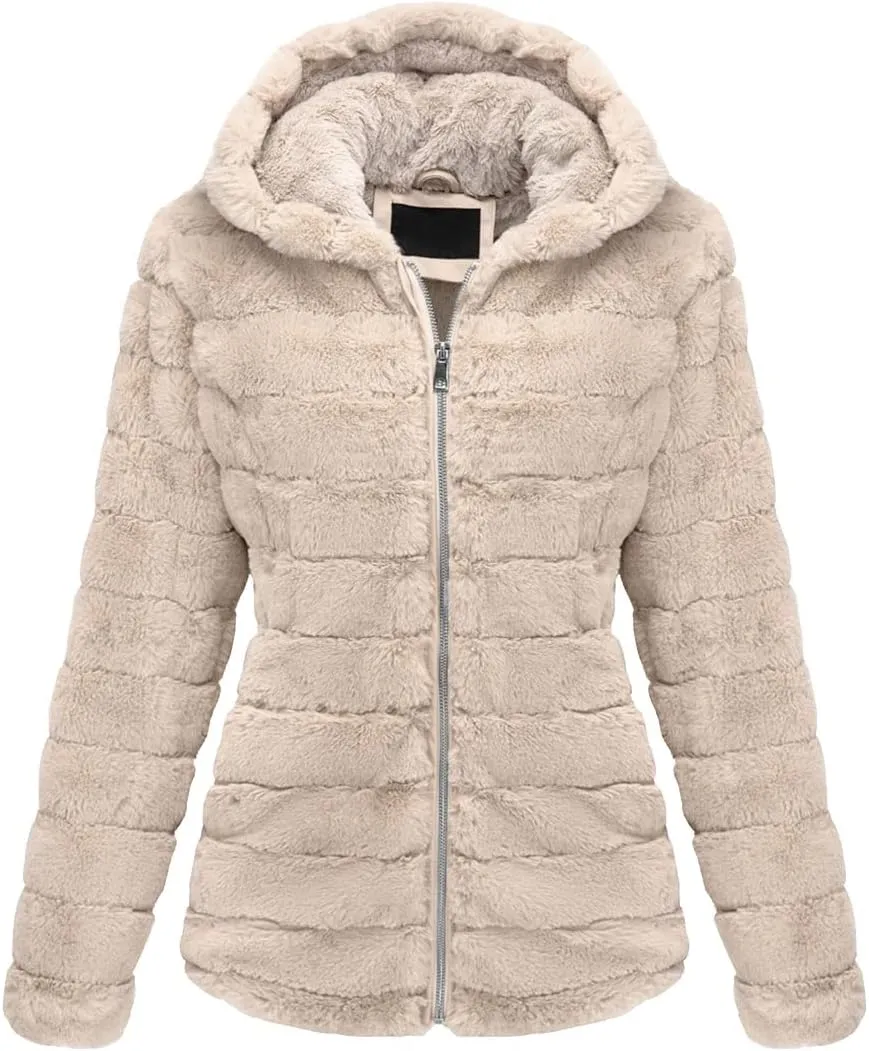 Bellivera Women's Faux Fur Coat Shearling Fluffy Fuzzy Shaggy Hood Sherpa-Lined Fleece Jacket