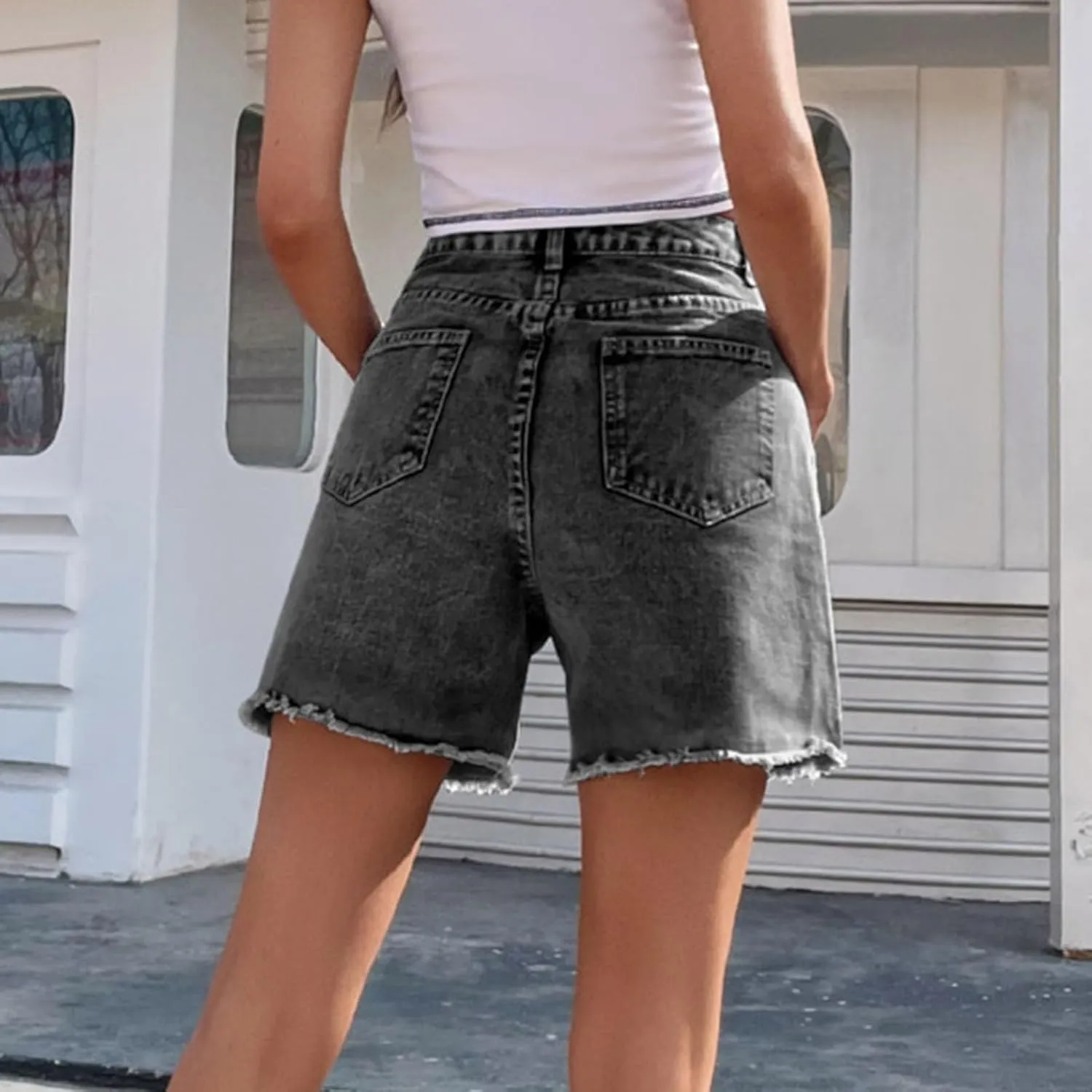 Bermuda Jean Shorts for Women High Waisted Trendy Stretchy Long Denim Shorts Straight Leg Cutoff Casual Pants w/Pocket