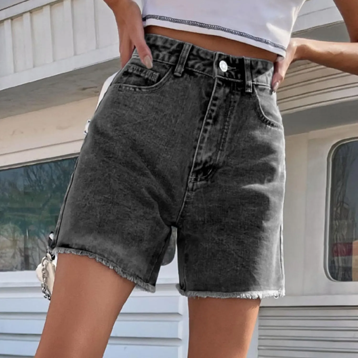 Bermuda Jean Shorts for Women High Waisted Trendy Stretchy Long Denim Shorts Straight Leg Cutoff Casual Pants w/Pocket